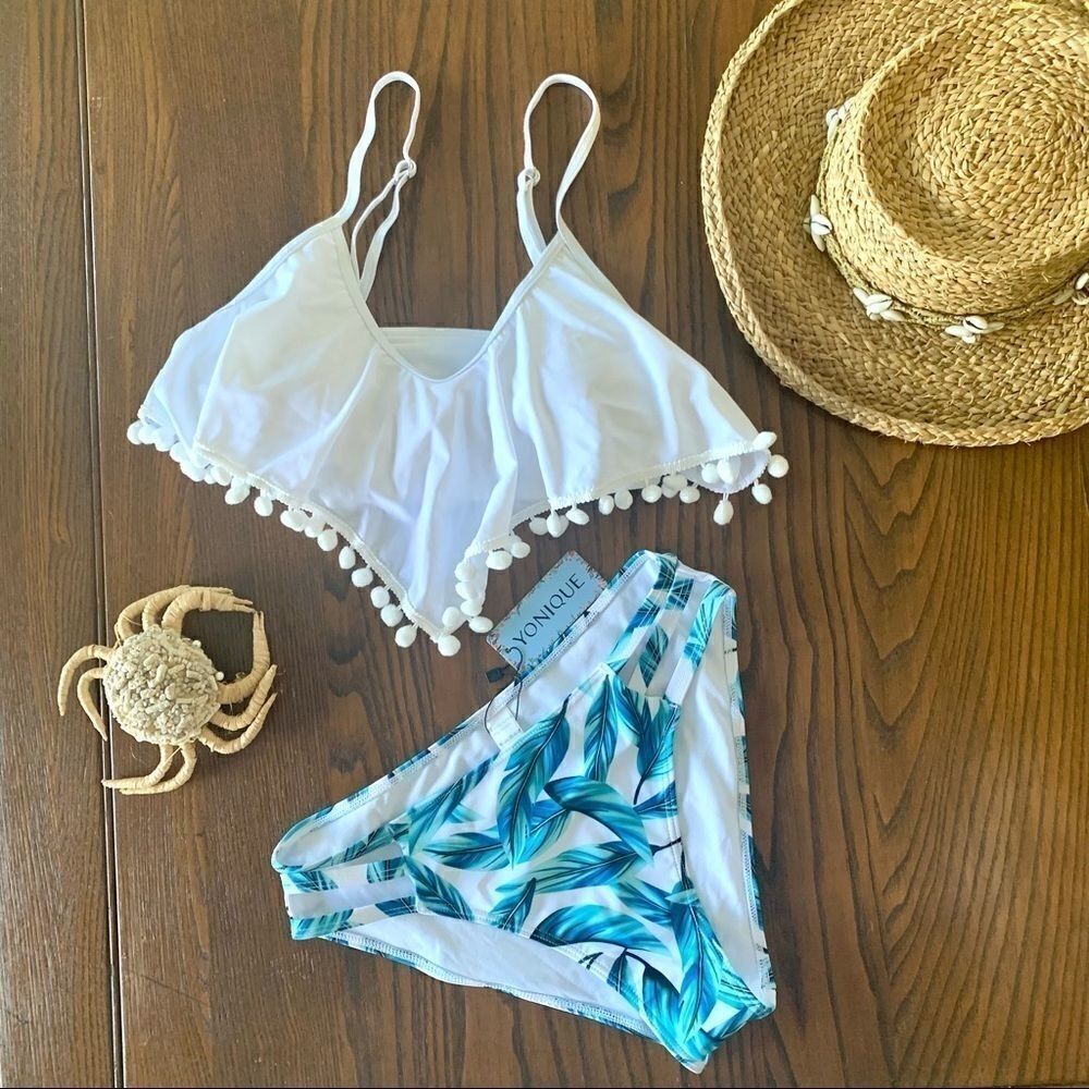 Yonique White Tropical Pom Pom Bikini